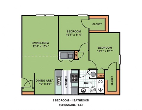 Floor plan for 2 beds, 1 bath, 960 sqft